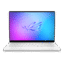 White open laptop on a black background, screen shows a blue–purple gradient wallpaper with a metallic logo.