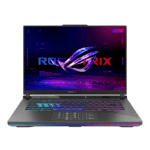 Open gaming laptop with RGB backlit keyboard and a neon purple-blue display showing the ROG Strix logo on a dark background. | Ahoundjuè Technologies Open gaming laptop with RGB backlit keyboard and a neon purple-blue display showing the ROG Strix logo on a dark background.