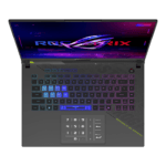 Overhead view of a gaming laptop with a neon RGB keyboard and a screen displaying a stylized logo. | Ahoundjuè Technologies Overhead view of a gaming laptop with a neon RGB keyboard and a screen displaying a stylized logo.