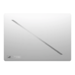 Closed silver laptop with a diagonal stripe pattern across the lid and a small ROG logo in the bottom-left corner. | Ahoundjuè Technologies Closed silver laptop with a diagonal stripe pattern across the lid and a small ROG logo in the bottom-left corner.