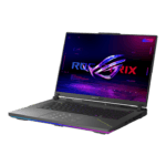 Open ROG Strix gaming laptop with neon wallpaper, RGB-lit keyboard, and sleek dark chassis on a black background. | Ahoundjuè Technologies Open ROG Strix gaming laptop with neon wallpaper, RGB-lit keyboard, and sleek dark chassis on a black background.