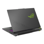 Angled view of a black gaming laptop with a bright green ROG logo on the lid and RGB keyboard lighting. | Ahoundjuè Technologies Angled view of a black gaming laptop with a bright green ROG logo on the lid and RGB keyboard lighting.