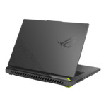 Slanted dark gaming laptop with neon green accents and large rear cooling vents, viewed from the back-right side | Ahoundjuè Technologies Slanted dark gaming laptop with neon green accents and large rear cooling vents, viewed from the back-right side
