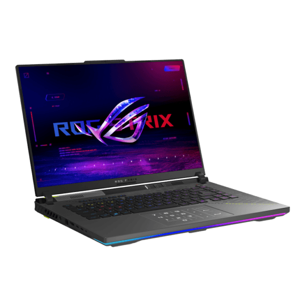 ASUS ROG Strix gaming laptop open at an angle with a neon RGB keyboard and a sci-fi display on screen