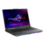 ASUS ROG Strix gaming laptop open at an angle with a neon RGB keyboard and a sci-fi display on screen