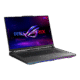 ASUS ROG Strix gaming laptop open at an angle with a neon RGB keyboard and a sci-fi display on screen