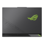 Closed ASUS ROG gaming laptop with a dark gray lid, neon lime-green ROG logo, and diagonal lid pattern. | Ahoundjuè Technologies Closed ASUS ROG gaming laptop with a dark gray lid, neon lime-green ROG logo, and diagonal lid pattern.