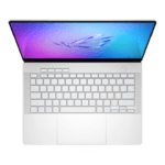 Top-down view of a silver laptop with a colorful gradient screen and white backlit keyboard. | Ahoundjuè Technologies Top-down view of a silver laptop with a colorful gradient screen and white backlit keyboard.