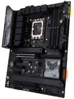 ASUS TUF Gaming motherboard with CPU socket, multiple PCIe slots, RAM slots, and prominent heatsinks, designed for high-performance gaming builds.