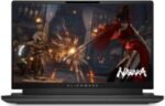 Alienware gaming laptop displaying an action scene from Naraka: Bladepoint with two warriors clashing in a fiery battle