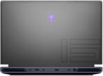 Closed Alienware gaming laptop in dark gray with a purple logo on the lid and visible side/ rear vents and ports.