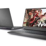 Two Alienware gaming laptops, one open displaying a Naruto-style action game, the other closed with a purple Alienware logo.