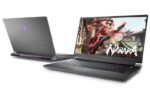 Two Alienware gaming laptops, one open displaying a Naruto-style action game, the other closed with a purple Alienware logo.