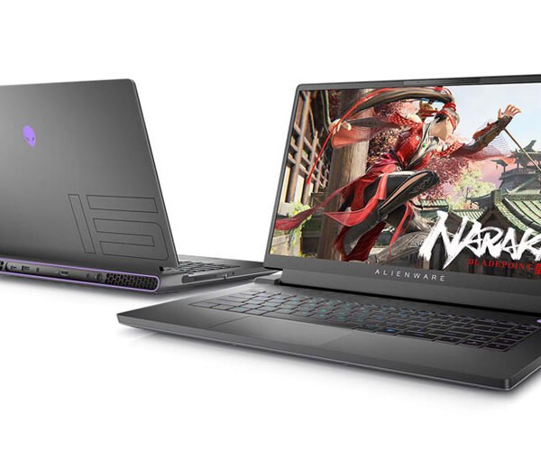 Two Alienware gaming laptops, one open displaying a Naruto-style action game, the other closed with a purple Alienware logo.