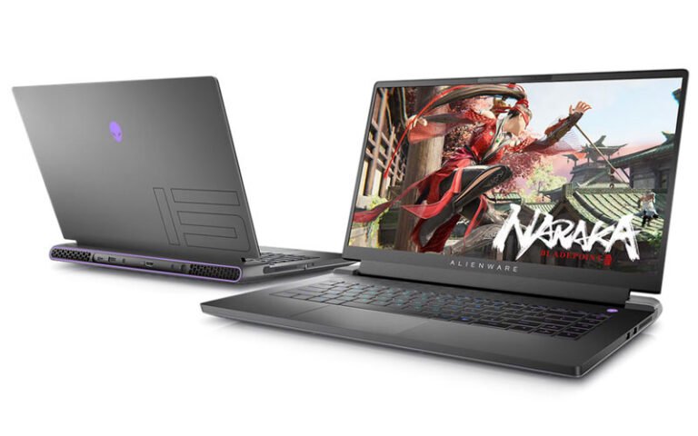 Two Alienware gaming laptops, one open displaying a Naruto-style action game, the other closed with a purple Alienware logo.