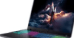 Futuristic laptop with a neon keyboard and a space-themed mosaic background created by square image fragments. | Ahoundjuè Technologies Futuristic laptop with a neon keyboard and a space-themed mosaic background created by square image fragments.