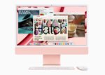 Rose‑gold iMac with keyboard and mouse on a pink background; screen shows multiple windows and colorful imagery. | Ahoundjuè Technologies Rose‑gold iMac with keyboard and mouse on a pink background; screen shows multiple windows and colorful imagery.