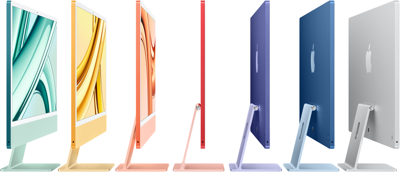 Row of colorful iMacs on angled stands, shown from the side in mint, yellow, peach, red, purple, blue, and silver colors, evenly spaced. | Ahoundjuè Technologies Row of colorful iMacs on angled stands, shown from the side in mint, yellow, peach, red, purple, blue, and silver colors, evenly spaced.