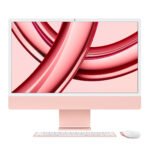 Pink all-in-one desktop computer with a matching keyboard and mouse on a white background and peach base. | Ahoundjuè Technologies Pink all-in-one desktop computer with a matching keyboard and mouse on a white background and peach base.