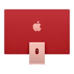 Red Apple iMac with a rose-gold stand, shown from the back, featuring a small camera mounted on the stand. | Ahoundjuè Technologies Red Apple iMac with a rose-gold stand, shown from the back, featuring a small camera mounted on the stand.